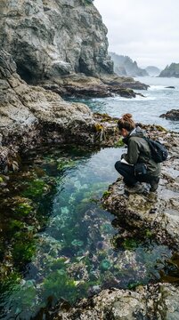 Young Woman Exploring Tide Pool on Rugged Coastal Shoreline, Marine Biology and Sustainability Concept