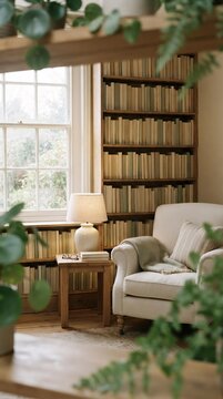 Cozy Reading Corner with Armchair and Bookshelf, Home Library Interior Design for Relaxation and Wellness