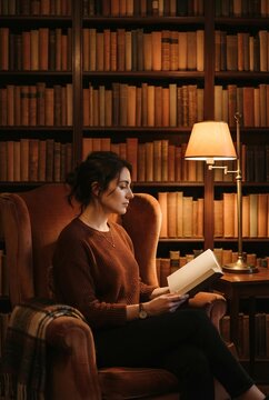 Young Woman Reading Book in Cozy Library Study, Intellectual Growth and Academic Research Concept