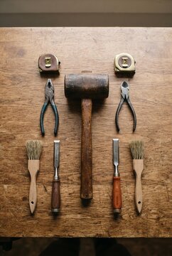 Symmetrical Flat Lay of Woodworking Hand Tools on Workshop Bench, Professional Craftsmanship and DIY Project Concept
