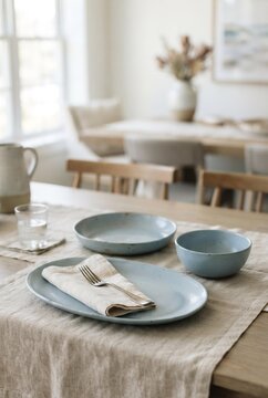 Elegant Ceramic Tableware Set on Linen Tablecloth, Minimalist Home Dining and Interior Design Concept