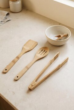 Bamboo Kitchen Utensils on Stone Countertop, Sustainable Cooking and Eco-Friendly Lifestyle Concept