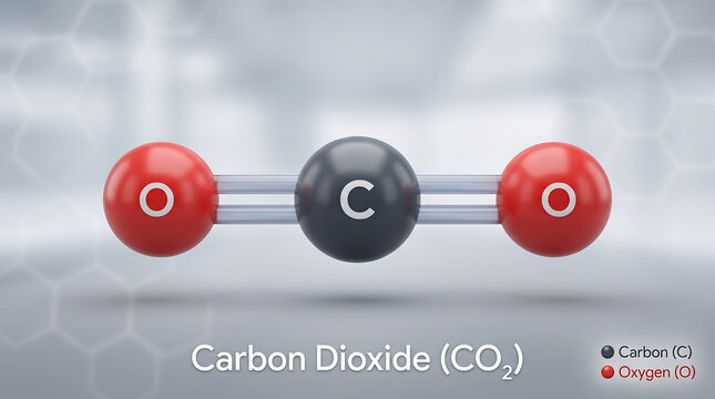 Molecular model of carbon dioxide molecule structure with carbon and oxygen atoms