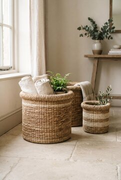 Three Woven Seagrass Storage Baskets with Textiles in Minimalist Home Interior, Sustainability Concept