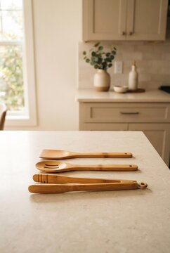 Bamboo Kitchen Utensil Set on Stone Countertop, Sustainable Cooking and Eco-Friendly Lifestyle Concept