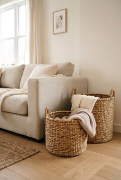 Modern Living Room Interior with Woven Storage Baskets and Beige Sofa, Minimalist Home Decor Concept