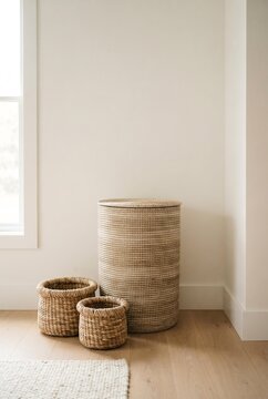 Set of Woven Natural Fiber Storage Baskets in Minimalist Home Interior, Interior Design and Organization Concept