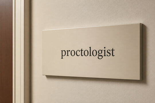 A sign with the word proctologist displayed on a beige wall indoors.