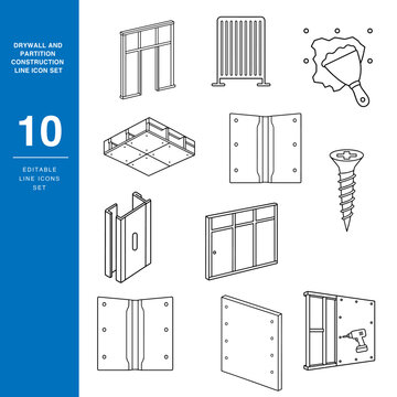 Drywall and Partition Construction Line Icon Set