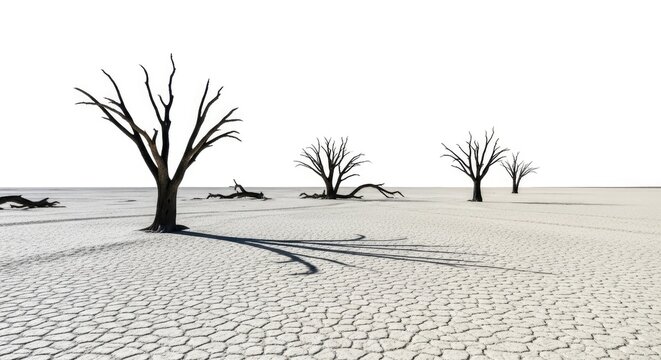 Several dead trees stand starkly against a vast, cracked white desert landscape. The trees have bare branches and are casting long shadows on the ground.