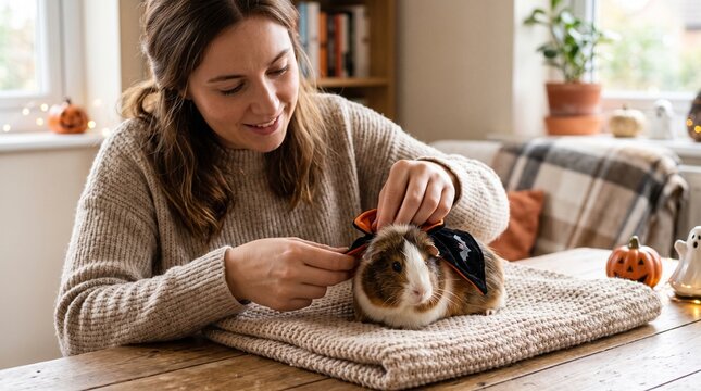 Woman dressing guinea pig