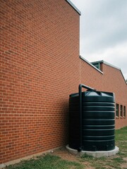 Fototapeta premium Black rainwater harvesting tank against a red brick building