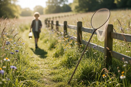 Butterfly net leaning on fence in sunny summer meadow