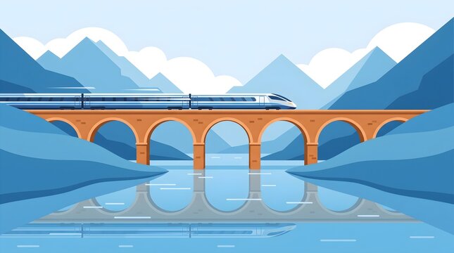 Modern high speed passenger train crossing an old stone arch bridge over a river in the mountains