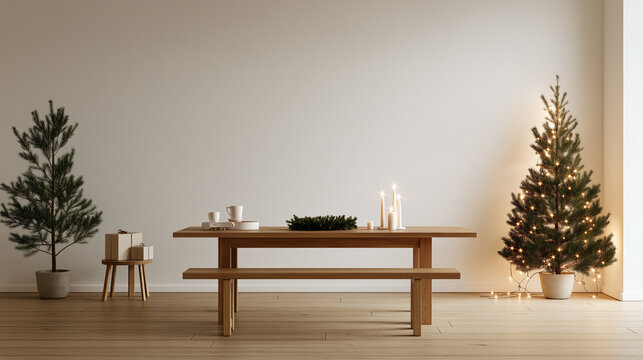 Minimalist Christmas Dinner Setup: A clean and modern dining area is set for a holiday meal, featuring a wooden table and bench, a decorated Christmas tree, and soft candlelight.