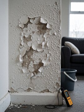 Peeling paint on damp damaged interior wall with moisture meter