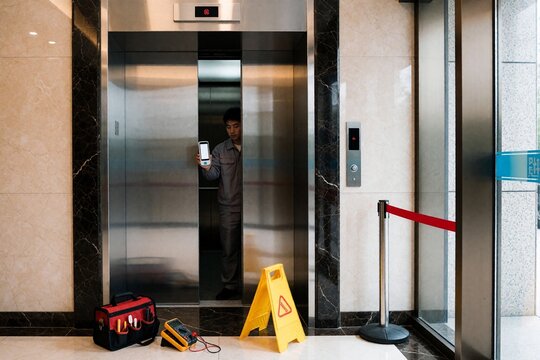 Elevator technician repairing lift with tools and warning sign