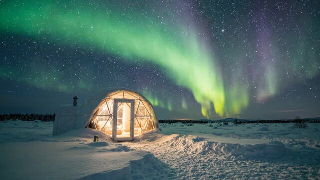 Northern Lights Aurora Borealis Dancing Over Snow Igloo Dome Glamping