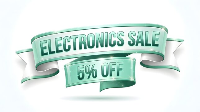 Electronics sale banner with 5% off discount, featuring elegant teal and white ribbons isolated on white background