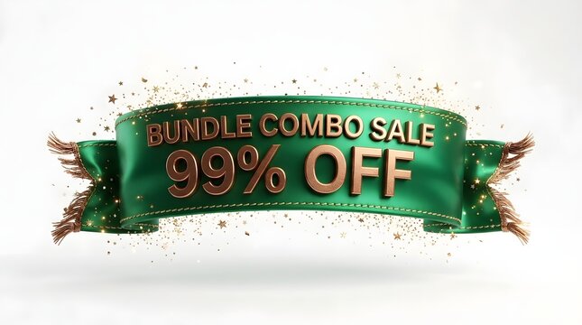 Green ribbon banner with gold text for bundle combo sale 99% off promotion, isolated on white background