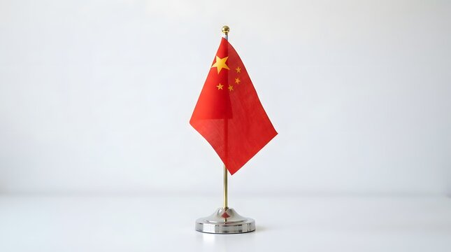 A small chinese flag on a metal stand, isolated on white background