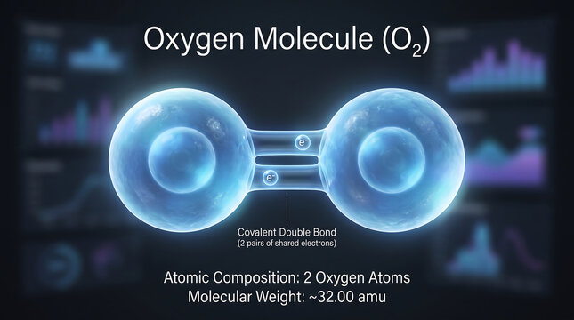 Oxygen Molecule O2 Structure Visualized with Covalent Double Bond and Atomic Composition