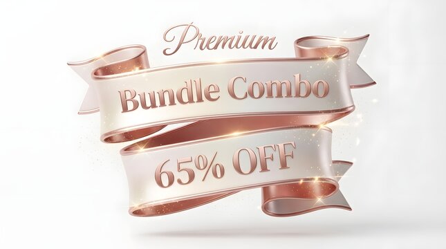 Premium rose gold ribbon banner for bundle combo 65% off promotion isolated on white background