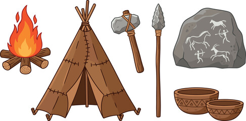 Prehistoric Stone Age Vector Icon Set Featuring Primitive Campfire, Tribal Teepee Tent, Stone Axe, Hunting Spear, Cave Paintings, and Clay Bowls © MstTazmina