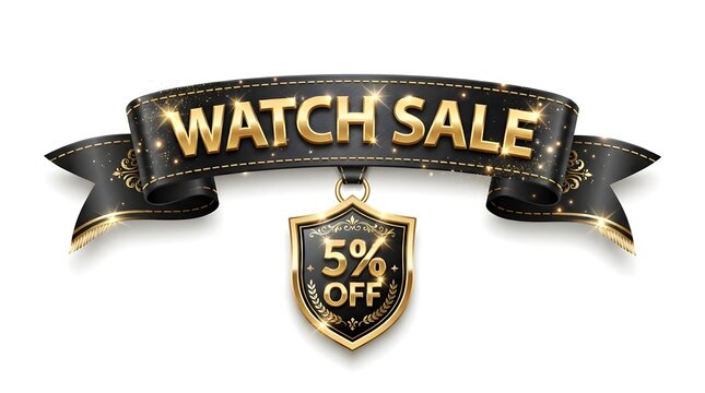 Black ribbon banner with golden shield for watch sale 5% off promotion, isolated on white background