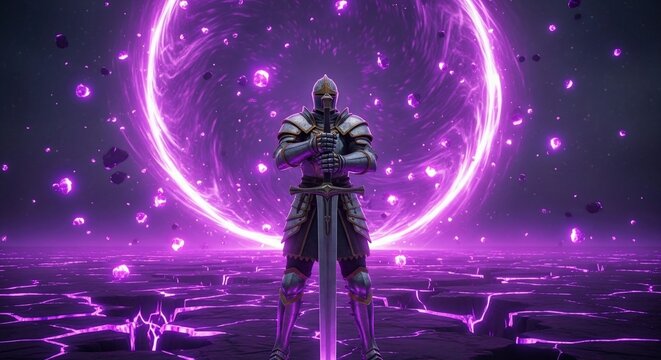 Armored Warrior Standing Before A Glowing Purple Energy Portal