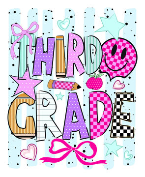 Cute third grade graphic print with colorful pastel letters stars hearts smiley face and pink bows