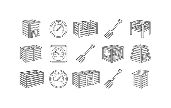 Compost bin and garden fork line icon set compost thermometer vectors for outdoor composting design