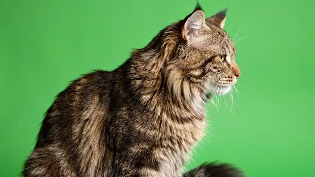 Profile and frontal views of tabby cat against green backdrop