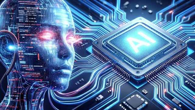 Artificial intelligence face with glowing eyes next to central processing unit. Cybernetic head integrated with circuit board and data streams. Lockdown shot.