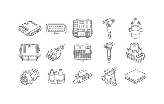 Engine control unit obd2 connector fuse box ignition coil abs module and automotive sensor outline vector icons collection