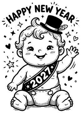 Baby New Year 2027 clip art illustration in black, isolated 