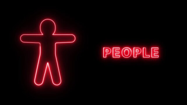 Red neon sign featuring a stylized human figure icon and the word people against a dark black background representing social community concepts