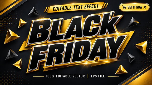 Black Friday Banner with 3D Golden Font Vector and Low Poly Geometric Triangles Backdrop