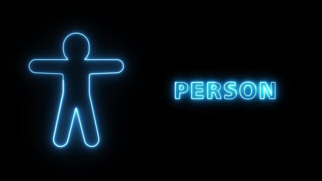 Neon glowing light human figure symbol representing a stylized person identity icon for digital interface signage and web navigation elements