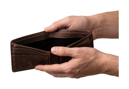 Open empty leather bifold wallet held by hands