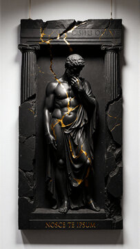 Black Marble Stoic Relief Plaque with Gold Kintsugi and Nosce Te Ipsum - Luxury Wall Art for Home Office and Mindset Coaching
