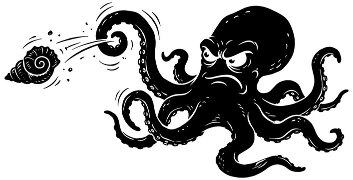 Cartoon octopus throwing a seashell clip art illustration in black, isolated 