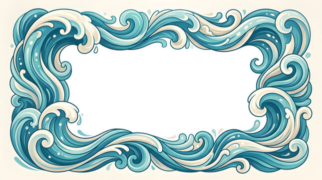 Stylized ocean wave frame, decorative blue sea water border, nautical wave illustration with copy space for summer designs