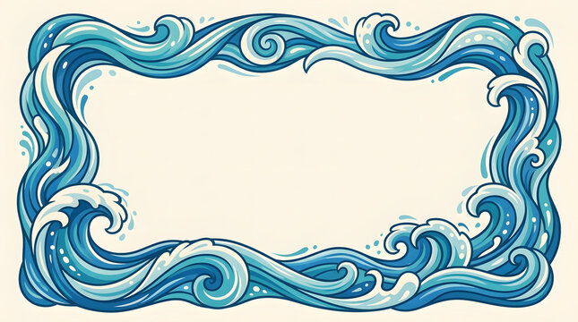 Stylized ocean wave border, decorative nautical frame with blue sea swirls, artistic aquatic water ripple edge for summer invitations