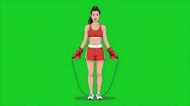 Cartoon illustration of a fit woman boxer in red sports attire skipping rope on a green screen background, ready for training or workout.