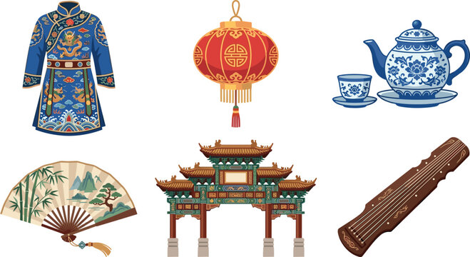 Chinese Traditional Culture and Heritage Vector Set Featuring Imperial Robe, Red Lantern, Blue and White Porcelain, Folding Fan, Paifang Gateway, and Guqin Instrument