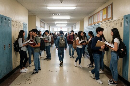 Students Socializing in a School Hallway