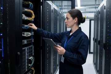 Fototapeta premium Female technician inspecting server rack in data center
