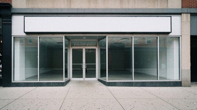 Empty Storefront with Blank Sign and Glass Windows