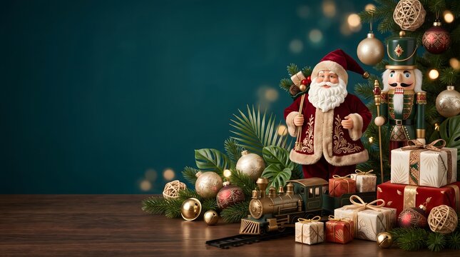 Christmas holiday decoration background with Santa Claus toy nutcracker and gifts on wooden table